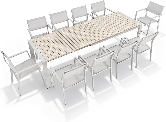 Outdoor Patio Furniture Set 11 Piece, Extendable Patio Dining Table for 6-10 People and 10 Patio Dining Chairs with Armrest, All-Weather Aluminum Patio Dining Furniture Set for Garden Lawn