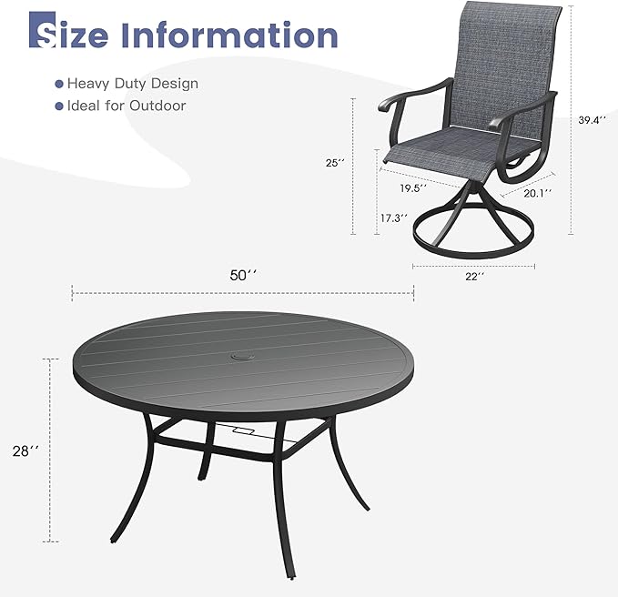 VICLLAX 7 Pieces Outdoor Dining Set, Patio Furniture Set of 6 Patio Swivel Dining Chairs and 50" Patio Round Table for Backyard, Dark Charcoal Chairs & Black Tabletop