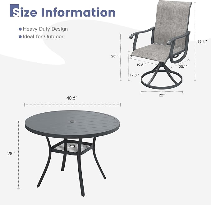 VICLLAX 5 Pieces Outdoor Dining Set, Patio Furniture Set of 4 Patio Swivel Dining Chairs and 41" Patio Round Table with Storage Shelf, Grey Chairs & Dark Grey Tabletop