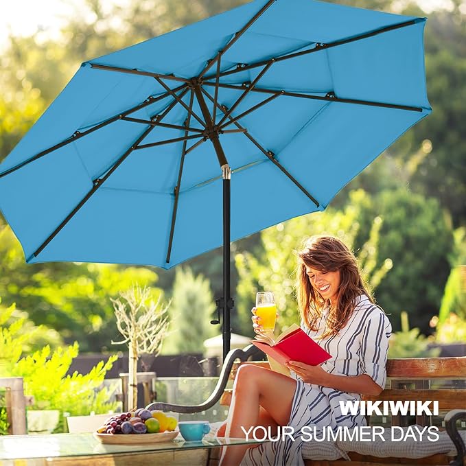 wikiwiki 9ft 3-Tier Patio Umbrella Outdoor Table Market Umbrella for Patio with Push Button Tilt/Crank, Fade Resistant Waterproof POLYESTER Canopy for Garden, Lawn, Deck, Backyard & Pool, Sky Blue