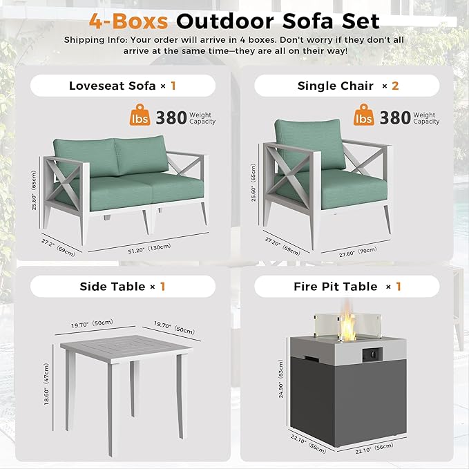 Aluminum 4-Seats Outdoor Patio Furniture Set with Fire Pit, Sectional Conversation Sofa Set with 5.2" Thick Cushions & Coffee Table,Rust-Resistant Frame Seating Sofa for Porch, Garden, Backyard, White