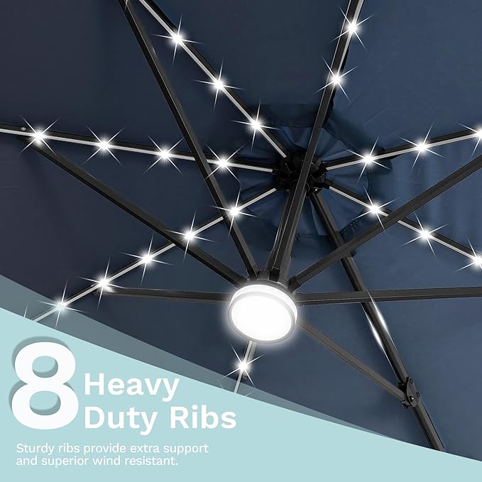 Devoko 10ft Solar LED Patio Umbrella, Round Cantilever Outdoor Umbrella with Solar Lights and 360-Degree Rotation, Large Hanging Offset Market Umbrella with Easy Tilt for Patio Deck Garden, Navy Blue