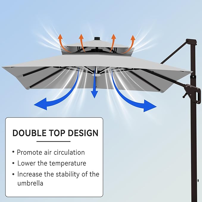 10' X 13' Cantilever Patio Umbrella with Led Lights Double Top Rectangular Outdoor Large Offset Umbrellas with 7 Tilts Adjustable 360°Rotation for Deck Pool Garden Backyard, Fog Grey