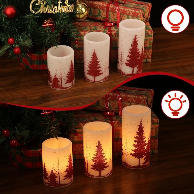 Wondise Flickering Flameless Candles with Timer, Battery Operated Real Wax Warm Light Red Christmas Tree Decal Candle for Home Decoration Christmas Gifts, Set of 3(D3 x H4/5/6 Inch)