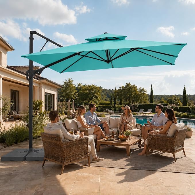 JEAREY 9ft 2-Tier Cantilever Patio Umbrella, Large Square Outdoor Offset Umbrella with Double Top Vent and 360-degree Rotation for Garden, Deck, Pool, Patio, Peacock Blue