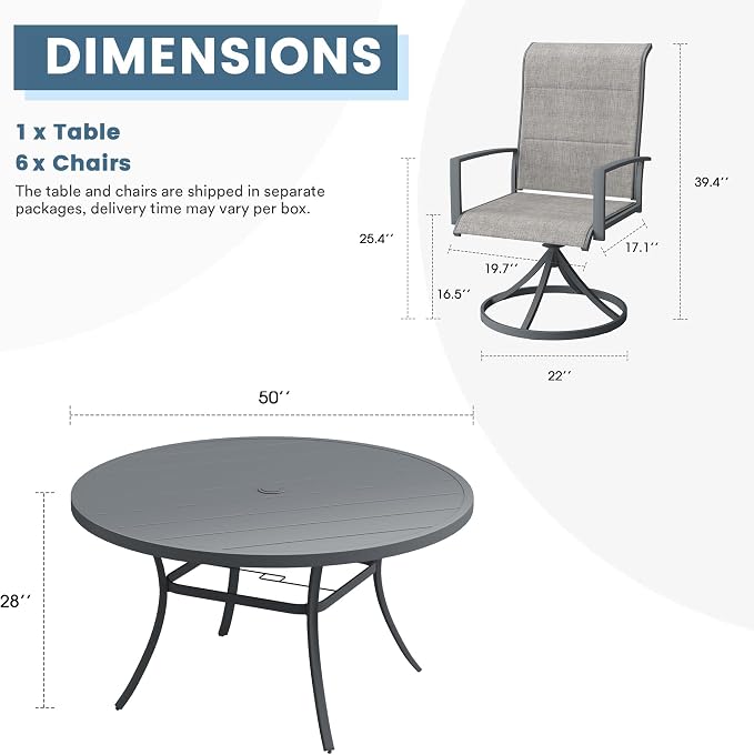DIFY 7 Piece Outdoor Patio Dining Set for 6, 50" Round Metal Dining Table and Swivel Patio Chairs with Padded Textilene, All-Weather Outdoor Furniture Set for Garden Backyard Porch, Grey