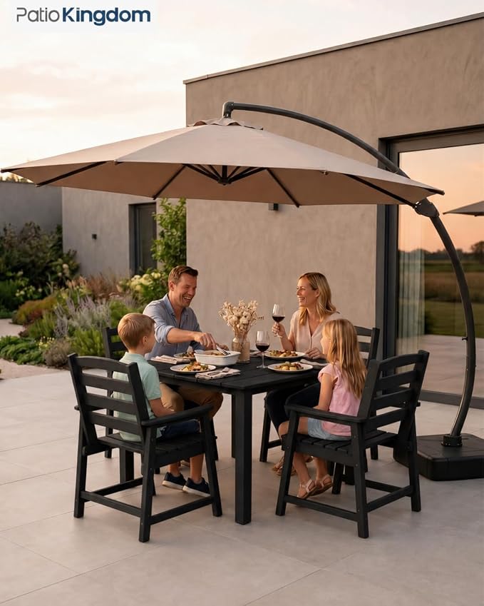 HDPE Outdoor Dining Set for 4, Square Table and Chairs, Black | All-Weather HDPE, Wood Grain Finish, 42.5" Square Table, Built-In Umbrella Hole, Seats 4, Patio & Poolside Ready