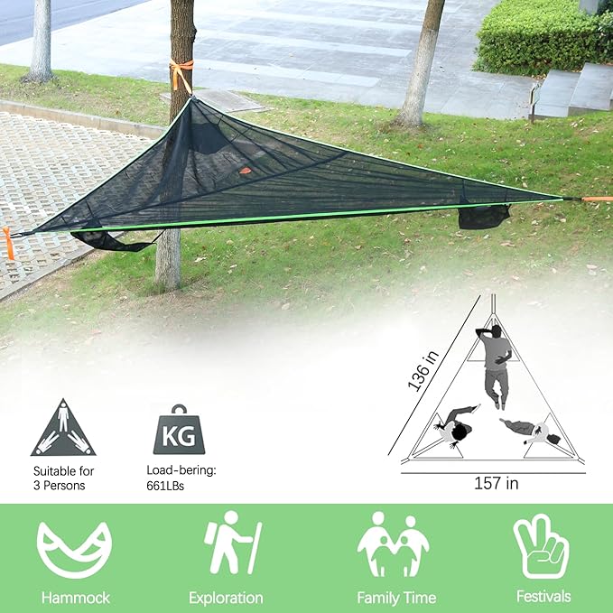 LIGHTLY Triangle Hammock Camping Hammock for Outside Portable Outdoor Travel Multi Person Tree Hammock with 3 Ratchet Tie Down Straps & Net Pocket Max 1000 lbs for 2-6 Adult Kid, Black