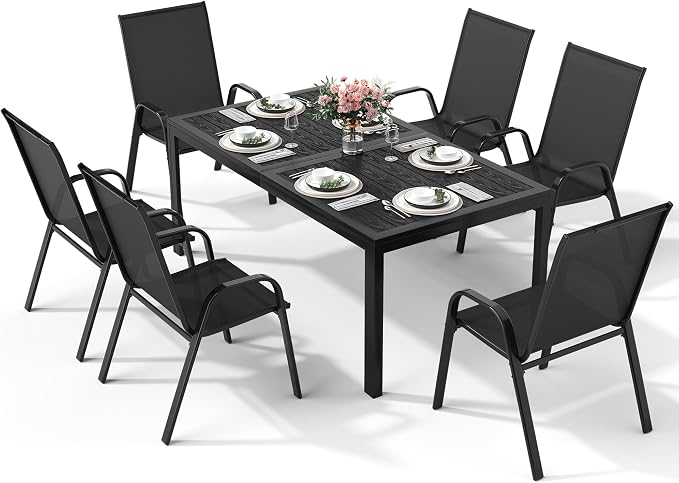 7-Piece Outdoor Dining Set, All Weather Patio Table and Chairs Set with Umbrella Hole for 6, Steel Slat Table and 6 Textilene Chairs for Backyard, Poolside and Deck, Black(No Umbrella)