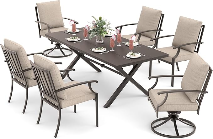 ALAULM 7-Piece Patio Dining Table and Chairs for 6 Outdoor Dining Set with 2 Swivel Chairs Patio Dining Sets with Rectangular Metal Table with Umbrella Hole for Patio, Backyard, Garden-Sand