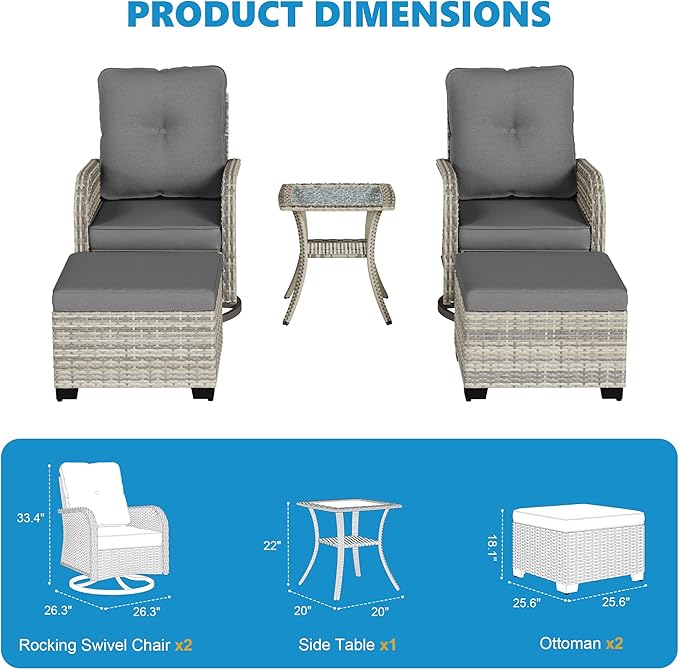 5-Piece Small Patio Furniture Set, Outdoor Swivel Rocking Chairs Set with Ottomans, Patio Bistro Set for Balcony, Deck, Porch, Grey