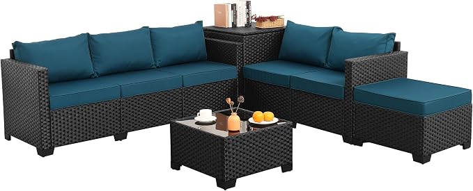 Valita Patio Furniture Set with Storage Box 5 Pieces Black Wicker Outdoor Couch Sectional with Glass Table and Non-Slip Cushions and Furniture Covers, Peacock Blue