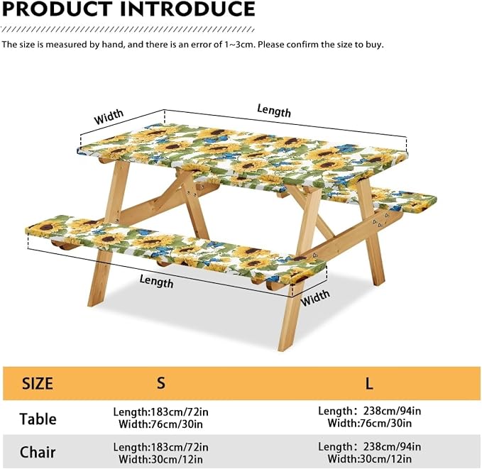 Sunflower Picnic Table Cover with Bench Covers Autumn Outdoor Camping Tablecloth Water and Oil Repellent Elastic Waterproof Picnic Table Cover 3 Piece Set for 6 Foot Tables