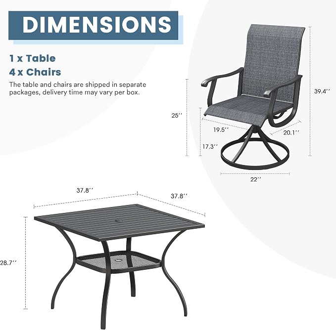 DIFY Patio Table and Chairs Set for 4, 5 Piece Outdoor Dining Set, 37.8" Black Square Metal Dining Table with Umbrella Hole and 4 Dark Grey Textilene Swivel Patio Chairs, for Garden Backyard Deck