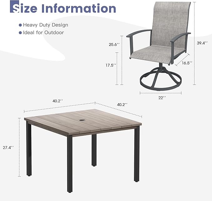 VICLLAX 5 Pieces Patio Dining Set, Patio Furniture Set of Metal Outdoor Table with Umbrella Hole and 4 Swivel Patio Chairs for Backyard Lawn, Grey & Antique Grey