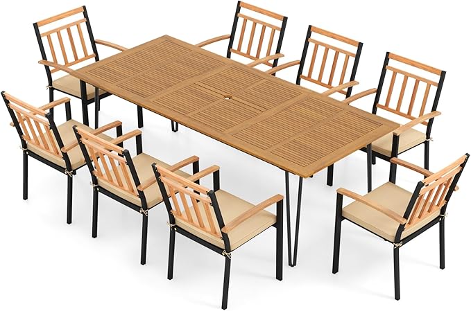 Tangkula 9 Pieces Patio Dining Set, Outdoor Furniture Set w/ 8 Chairs, Acacia Wood Table Top, Umbrella Hole & Removable Seat Cushions for Yard, Garden, Deck, Porch & Poolside