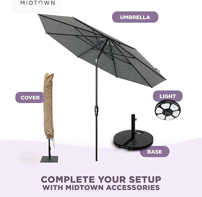 Midtown Umbrellas – The Swilt 10 Ft Patio Umbrellas with 360° Swivel & Tilt Mechanism, 8 Fiberglass Ribs & Terylast Polyester Fabric for Backyard, Deck, Pool & Cafes - Greige Canopy, Black Pole