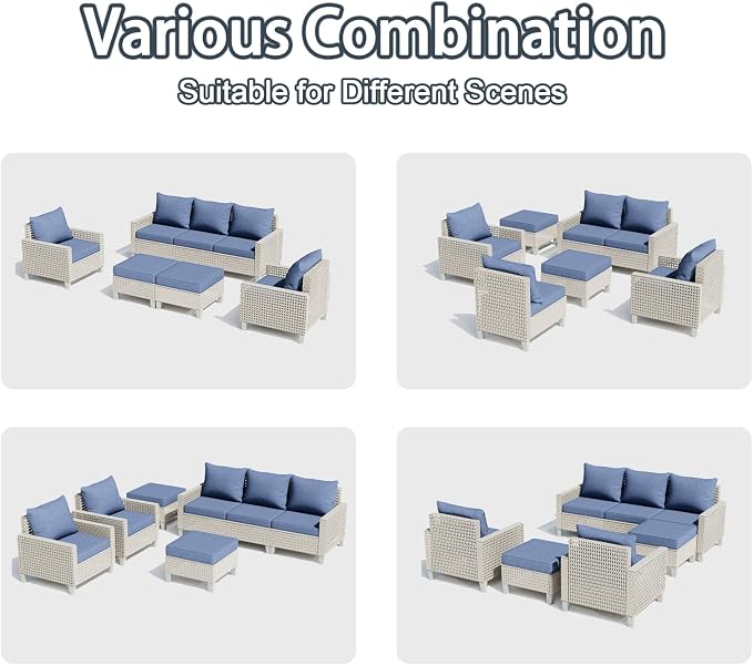 Outdoor Patio Furniture Set with Rattan Fire Pit Table 8-Piece Modular Wicker Sectional Sofa with Ottomans and Thick Cushions, Modern Rattan Outdoor Conversation Couch, Navy