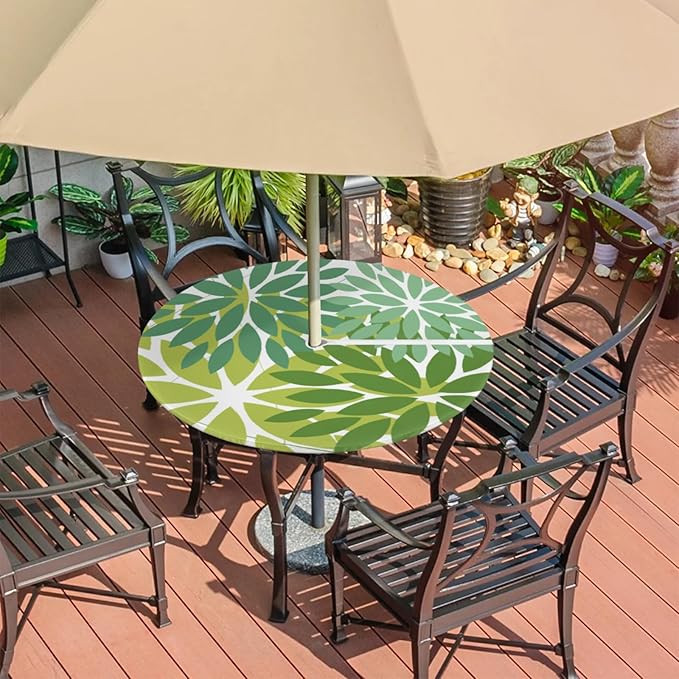 Round Tablecloth with Umbrella Hole and Zipper Elastic Fitted Table Cloth 36"-44" Oil-Proof Waterproof Patio Table Cover for Outdoor Picnic Party, Spring Summer Geometric Elegant Dark Light Green