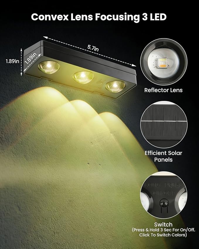 Solar Fence Lights Outdoor Waterproof 3000/5000K/RGB 12 Mode, 12 Pack 60LM Brighter 3 LED Spot Lens Deck Lights Solar Powered Wall Lighting Decor for Outside Step Porch Patio Yard Railing Pool