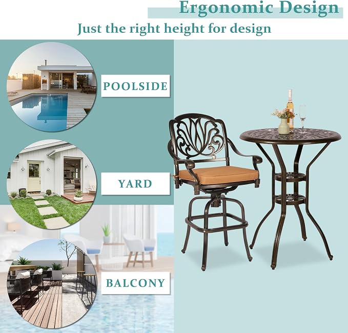 MEETWARM Patio Height Bar Table, 31" Bar Height Bistro Table, Outdoor Cast Aluminum Bistro Round High Top Dining Table with 2" Umbrella Hole for Garden Deck Backyard, Dark Bronze