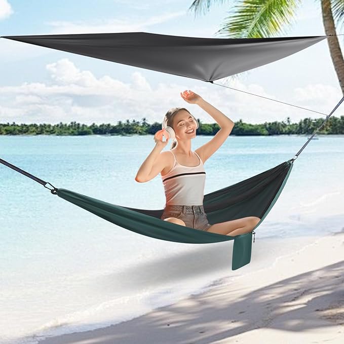 Camping Hammock, 6.56 ft Adjustable Tree Strap Hammocks with Mosquito Net Tent and Rain Fly Tarp, 200kg Load Bearing Portable Camping Hammock, Hammock for Backpacking and Travel(9.5 * 4.5)