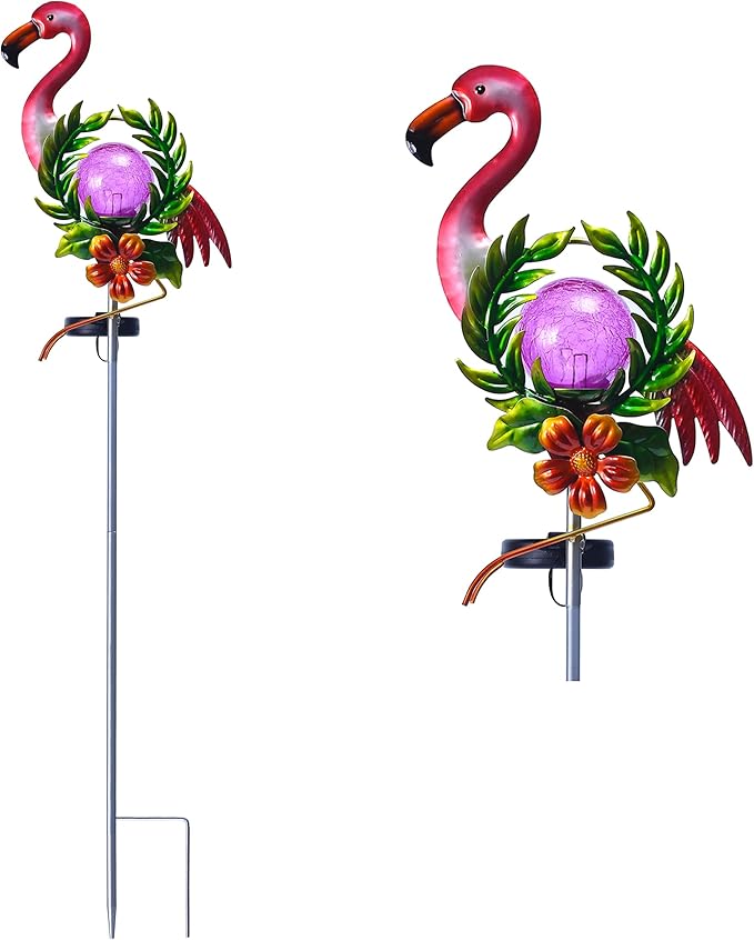 Solar Globe Lights for Garden Decoration,40.9 Inch Flamingo Front Porch Decor with Cracked Glass Puck Light for Outside Patio Pathway Yard Decoration