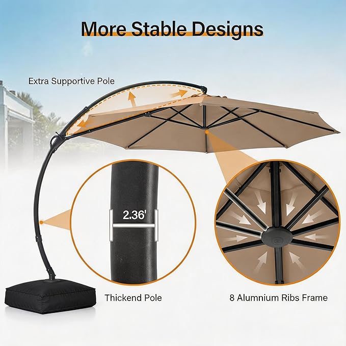 LAUSAINT HOME 11ft Patio Cantilever Umbrella with Base Included, Outdoor Curvy Round Offset Umbrella, Heavy Duty Aluminum, 360° Rotation for Pool, Deck, Lawn, Backyard (Beige)