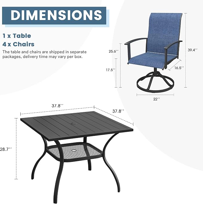 DIFY 5 Pieces Outdoor Dining Set, Metal Patio Table and Chairs Set for 4 with Umbrella Hole, 37.8" Black Square Table and Blue Textilene Swivel Patio Chairs for Garden, Backyard, Poolside