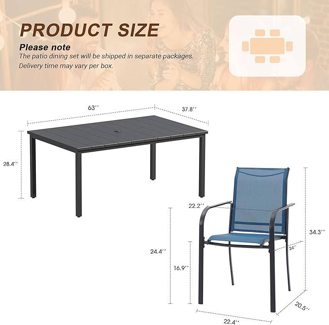 VICLLAX 7 Pieces Patio Outdoor Dining Set, 63" Rectangular Metal Dining Table with Umbrella Hole and 6 Stackable Textilene Chairs for Lawn, Garden, Porch, Black/Dark Blue