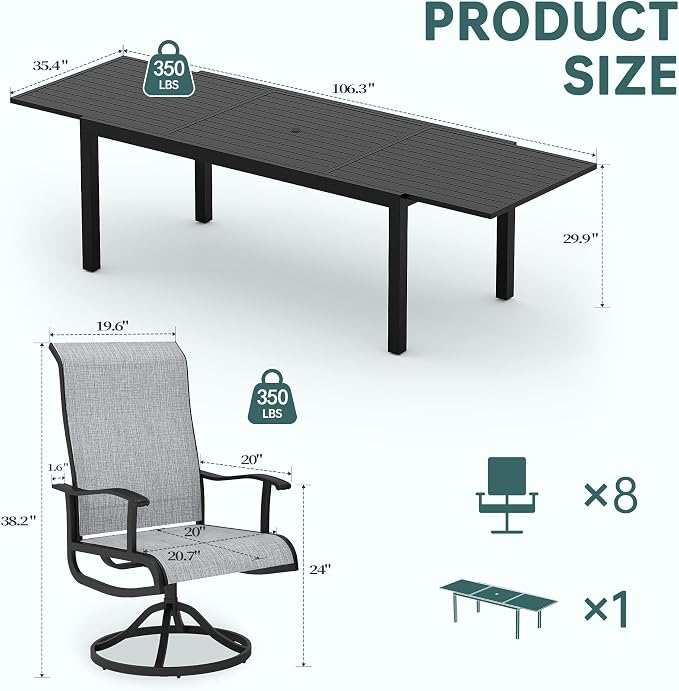 PIZZELLO 9 Pieces Patio Dining Set, 106" Extendable Aluminum Patio Dining Table w/Pcs Textilene Swivel Patio Chairs, All-Weather Outdoor Table and Chairs Sets for Backyard, Garden and Deck