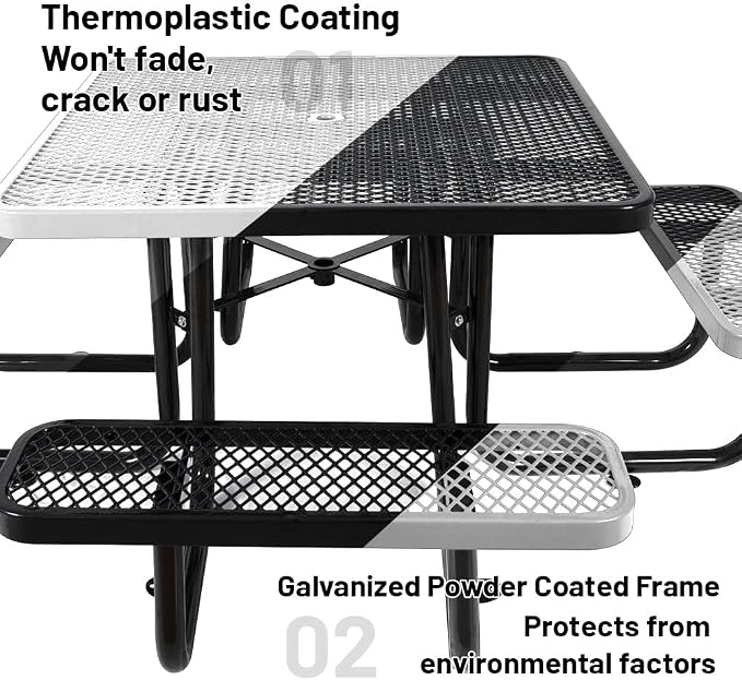46" Thermoplastic Picnic Table with Umbrella Hole up to 1.5", Heavy Duty Commercial Picnic Table for Outdoor, Family & Party Ready for School Camping, Square, Black