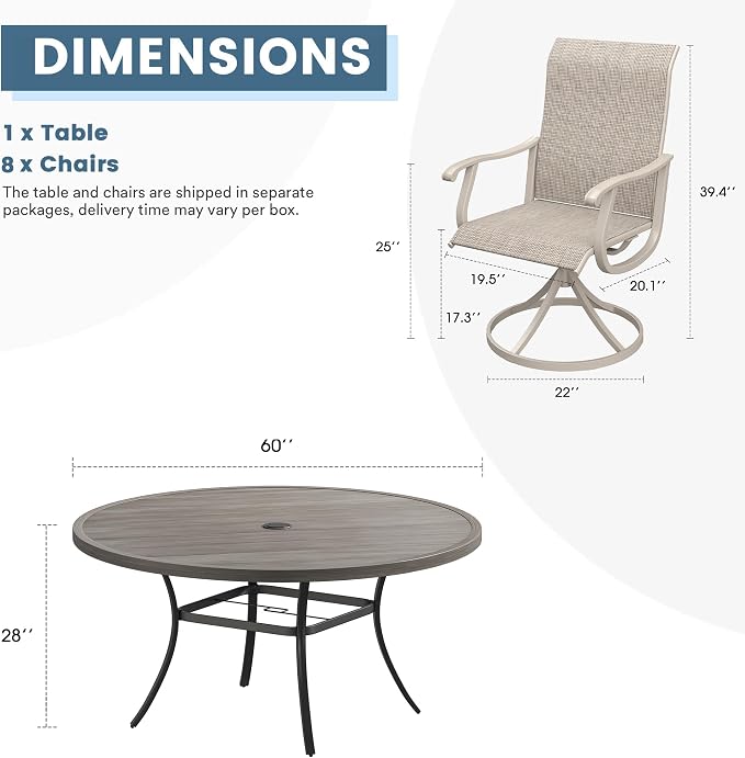 DIFY Outdoor Dining Set for 8, 9 Piece Patio Table and Chairs Set, Swivel Patio Chairs with Sandshell Textilene & 60" Grey Wood-Like Round Metal Dining Table with Umbrella Hole, for Garden Backyard