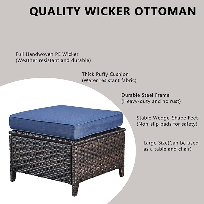 Rilyson Outdoor Patio Wicker Furniture Set - 6 Piece Rattan Patio Conversation Sectional Sofa Set with 1 Couch,2 Armchairs,2 Ottomans and 1 Glass Top Coffee Table for Porch Deck Garden(Brown/Blue)