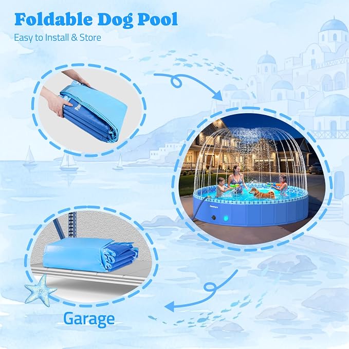 Foldable Kiddie Pool with Sprinkler RGB LED Light, 87" Collapsible Hard Plastic Dog Swimming Splash Pool for Small Medium Large Doggie Kitty Puppy, Pet Bathing Tub Wading Pool for Dogs Blue