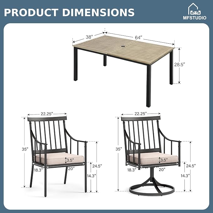 MFSTUDIO 7-Piece Patio Dining Set, Swivel Metal Chairs, Umbrella Hole | 64" Rectangular Wood-Look Metal Table, Removable Cushions