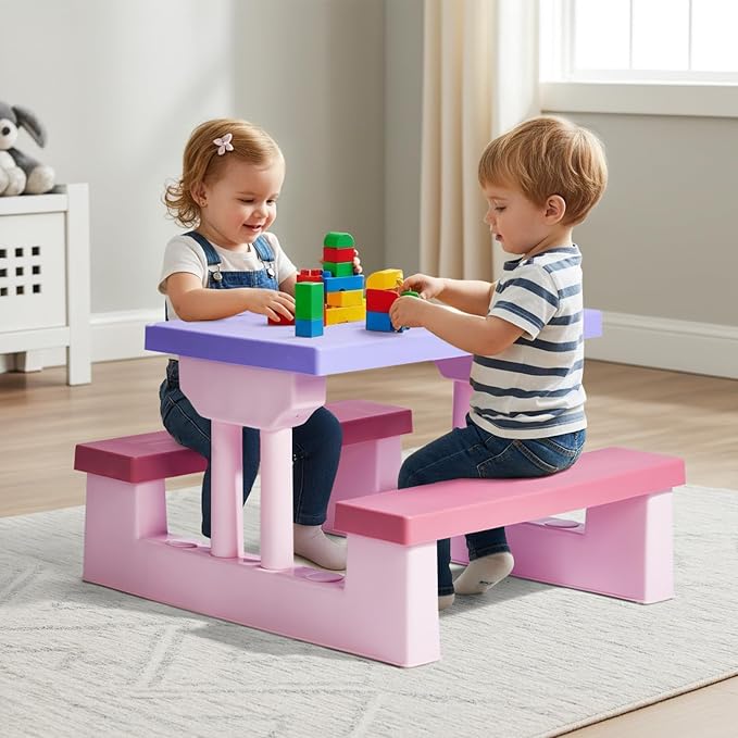 Kids Table and Chair Set, Toddler Plastic Outdoor Table & Bench Set with Removable Umbrella, Children Picnic Table Fits 4 Children for Backyard Garden, Pink & Purple