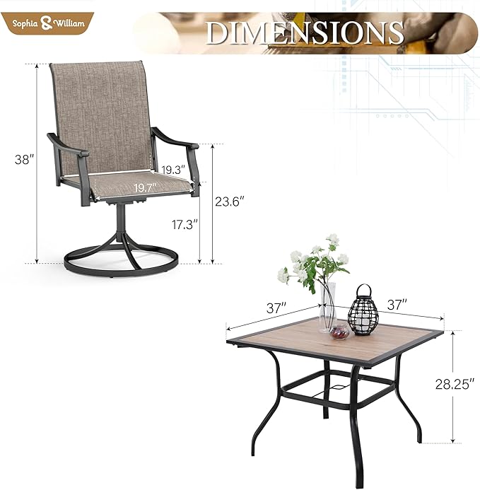 Sophia & William 5-Piece Outdoor Dining Set, 4 x Patio Swivel Chairs and 37" Wood-Like Top Square Table, All-Weather Patio Furniture for Lawn, Park, and Courtyard