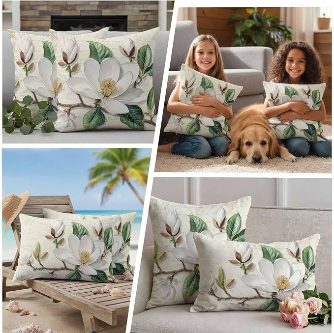Retro Flowers Waterproof Outdoor Pillow Covers Set of 2 Home Decor, Farmhouse Leaf Branch Green Plants Pillowcase Patio Pillow Covers for Couch Bench Furniture Garden 24x24in