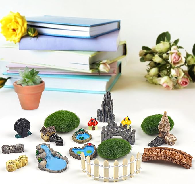 QUOZUO 21 Pcs Fairy Garden Miniatures Accessories Bridge House Landscape Water Well Fence Figurines Pond Mushroom Lawn Garden Ornament for DIY Craft Succulent Decor