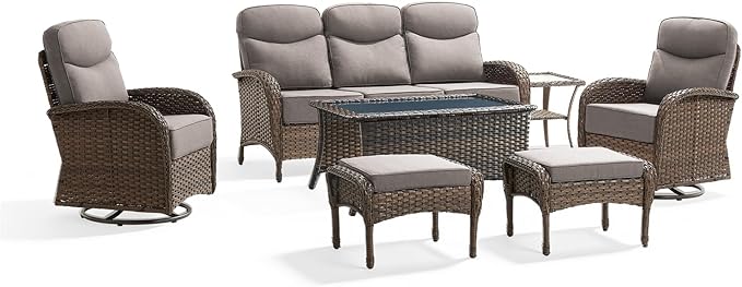Outdoor Swivel Rocking Chair Patio Set (7-Piece), High-Back - Thick Cushion Swivel Rocking Chair Patio Set, All-Weather Wicker Patio Furniture Set, Suitable for Balcony Patios, Brown/Gery