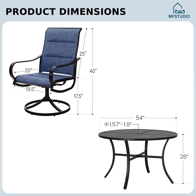 MFSTUDIO 7 Piece Outdoor Dining Set, Round Table & Swivel Chairs, Navy Blue | Padded textilene, Ergonomic high back, Metal table, Umbrella hole, Weather-reistant, Patio deck garden backyard, 7 piece