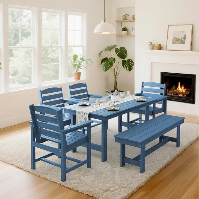 KINGYES 6-Piece Patio Dining Set, HDPE Outdoor Table and Chairs with Bench, Blue