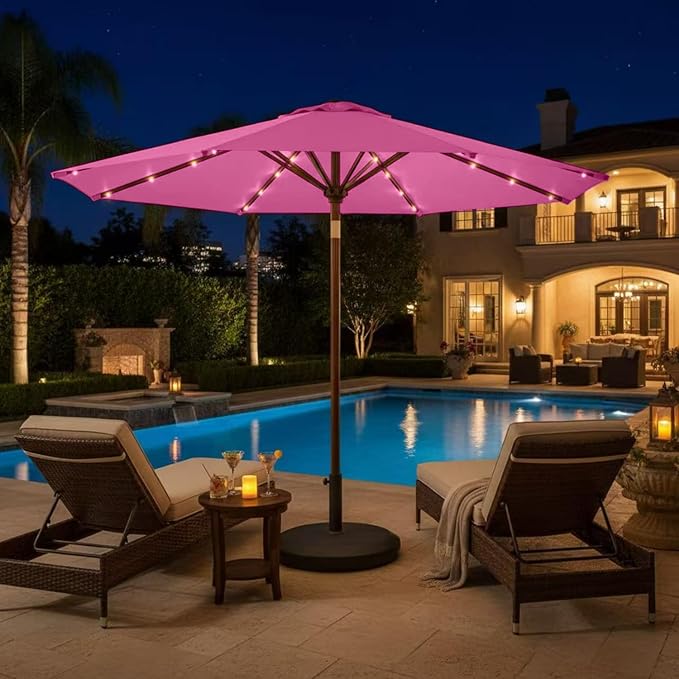 9' Solar LED Patio Umbrella with Tilt & Crank|8 Sturdy Ribs,UV Protection,Outdoor Market Table Umbrella for Deck,Lawn,Pool,Backyard(Rose Pink)