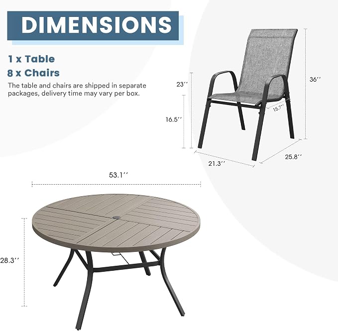 DIFY 9 Piece Outdoor Dining Set, 53" Grey Wood-Like Round Metal Dining Table and Grey Textilene Stackable Patio Chairs, Patio Table and Chairs Set for 8 with Umbrella Hole for Backyard Garden Deck