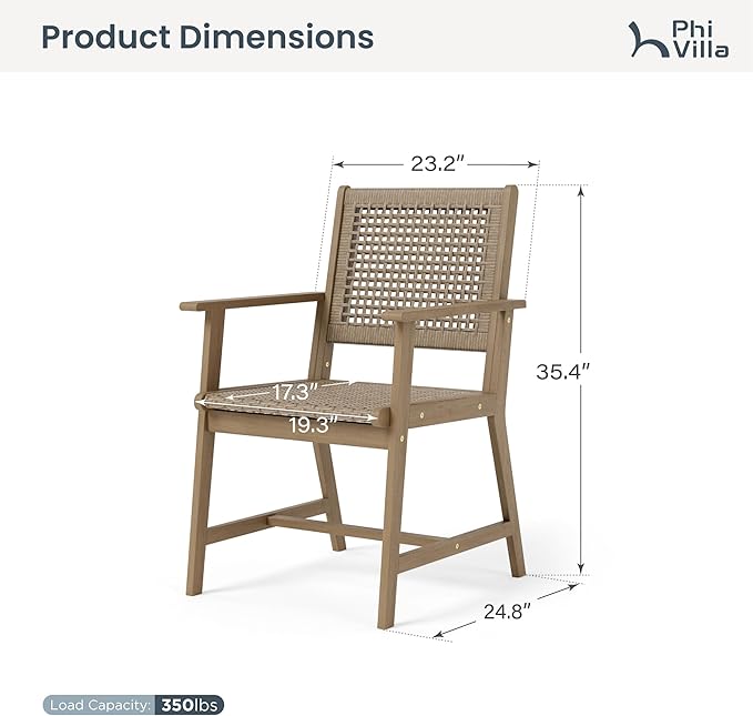 PHI VILLA Outdoor Acacia Wood Chairs Set of 2, Patio Dining Armchairs with Wicker Back & Seat, Farmhouse Style Teak Seating Furniture for Deck Yard Balcony Garden - Light Brown