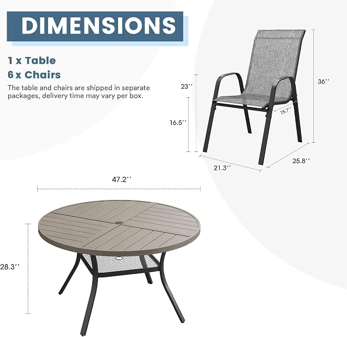 DIFY 7 Piece Outdoor Dining Set, 48" Grey Wood-Like Round Metal Dining Table and Grey Textilene Stackable Patio Chairs, Patio Table and Chairs Set for 6 with Umbrella Hole for Backyard Garden Deck
