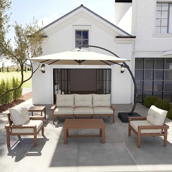 HDPE 10 Piece Outdoor Patio Furniture Set, All-Weather Outdoor Couch Set with Thick Cushions & Coffee Table, Patio Conversation Set for Lawn, Porch, Garden, Balcony, Deck, Poolside, Teak Beige