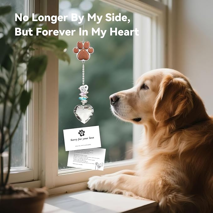 Pet Memorial Suncatcher - Dog Memorial Gifts, Pet Loss Sympathy, Thoughtful Dogs and Cats Condolence Bereavement Remembrance Gifts, Chrysoberyl Cat's Eye Stone Paw Crystal Suncatcher