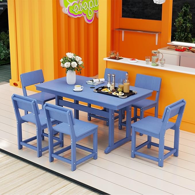 7-Piece HDPE Outdoor Dining Set, Weatherproof Patio Table and Chairs for 6, Outdoor Dining Table Set for Outside Deck Backyard Garden, Navy Blue